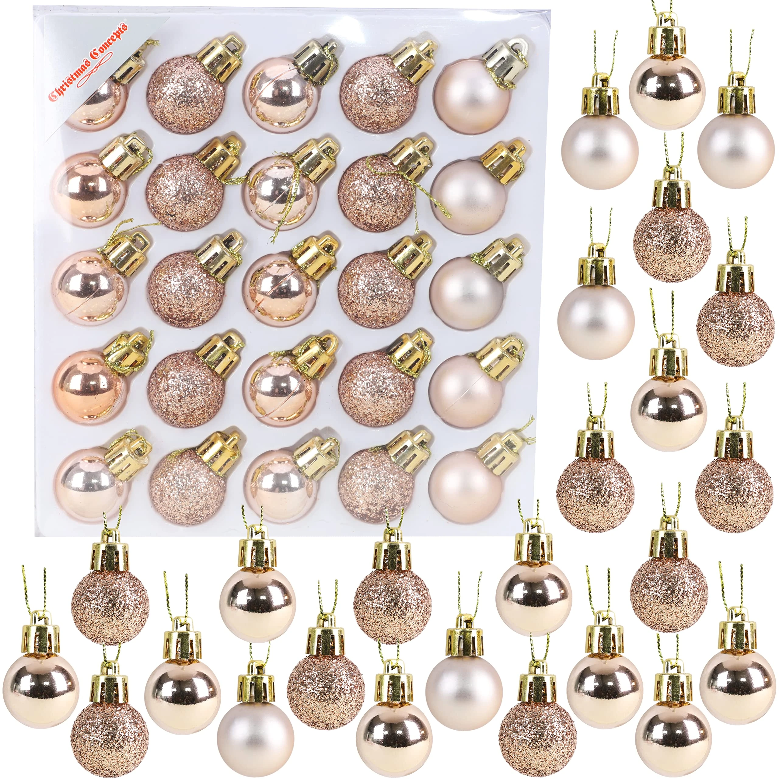 Christmas Concepts® Pack of 25-25mm, 25cm Mini Christmas Tree Baubles - Shiny, Matte & Glitter Decorated Baubles (Champagne)