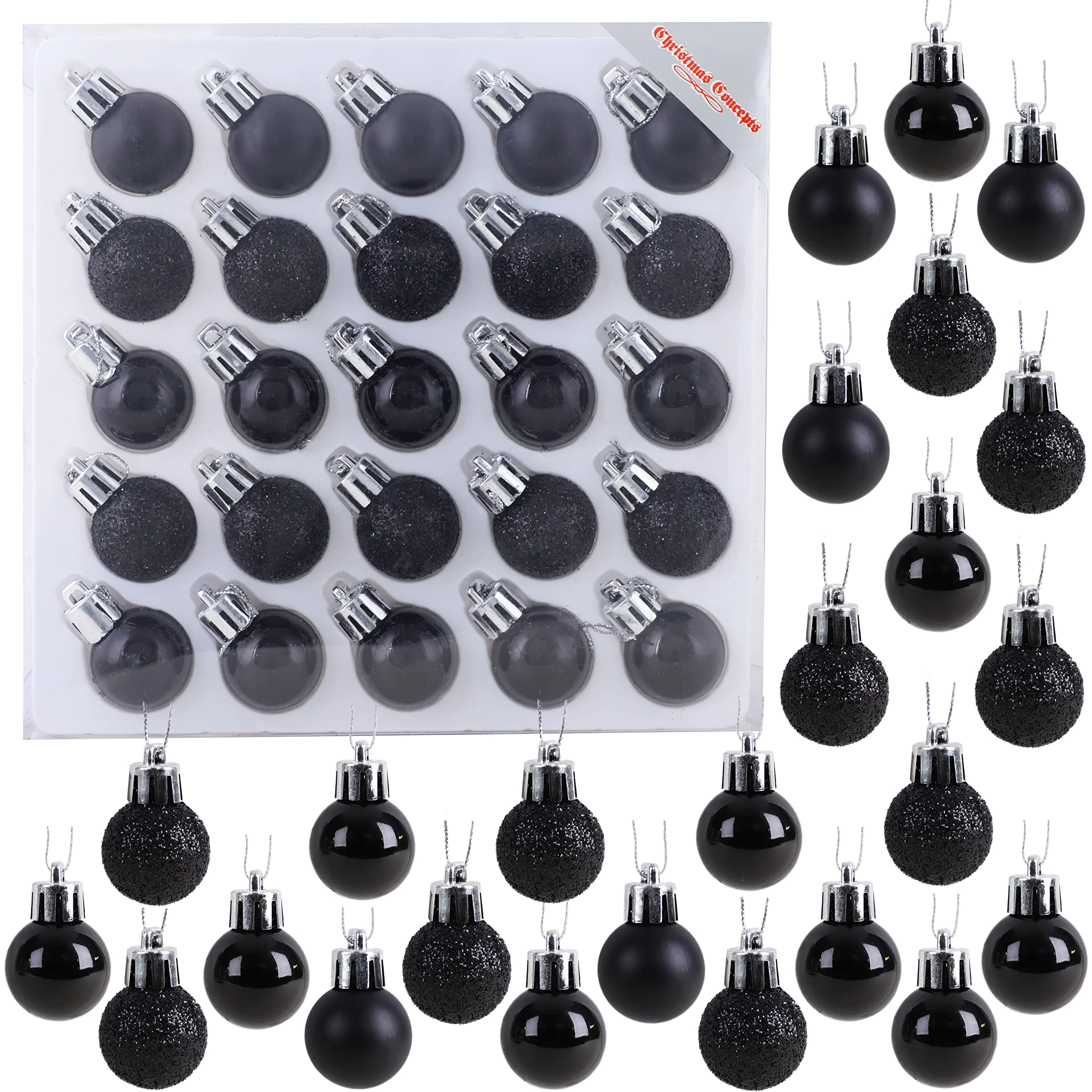 Christmas Concepts® Pack of 25-25mm, 2.5cm (1") Mini Christmas Tree Baubles - Shiny, Matte & Glitter Decorated Baubles (Black)