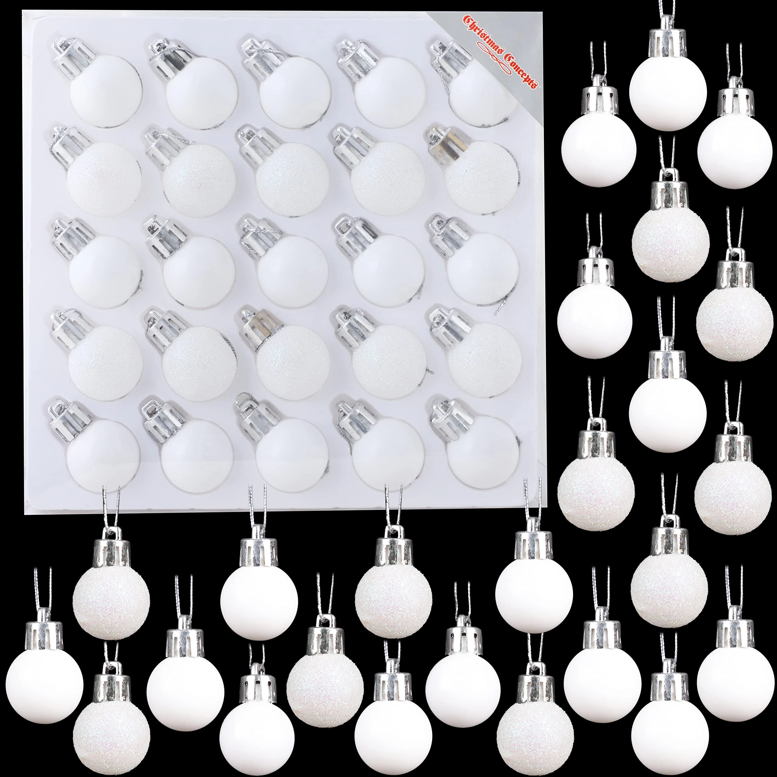 Christmas Concepts® Pack of 25-25mm, 2.5cm (1") Mini Christmas Tree Baubles - Shiny, Matte & Glitter Decorated Baubles (White)