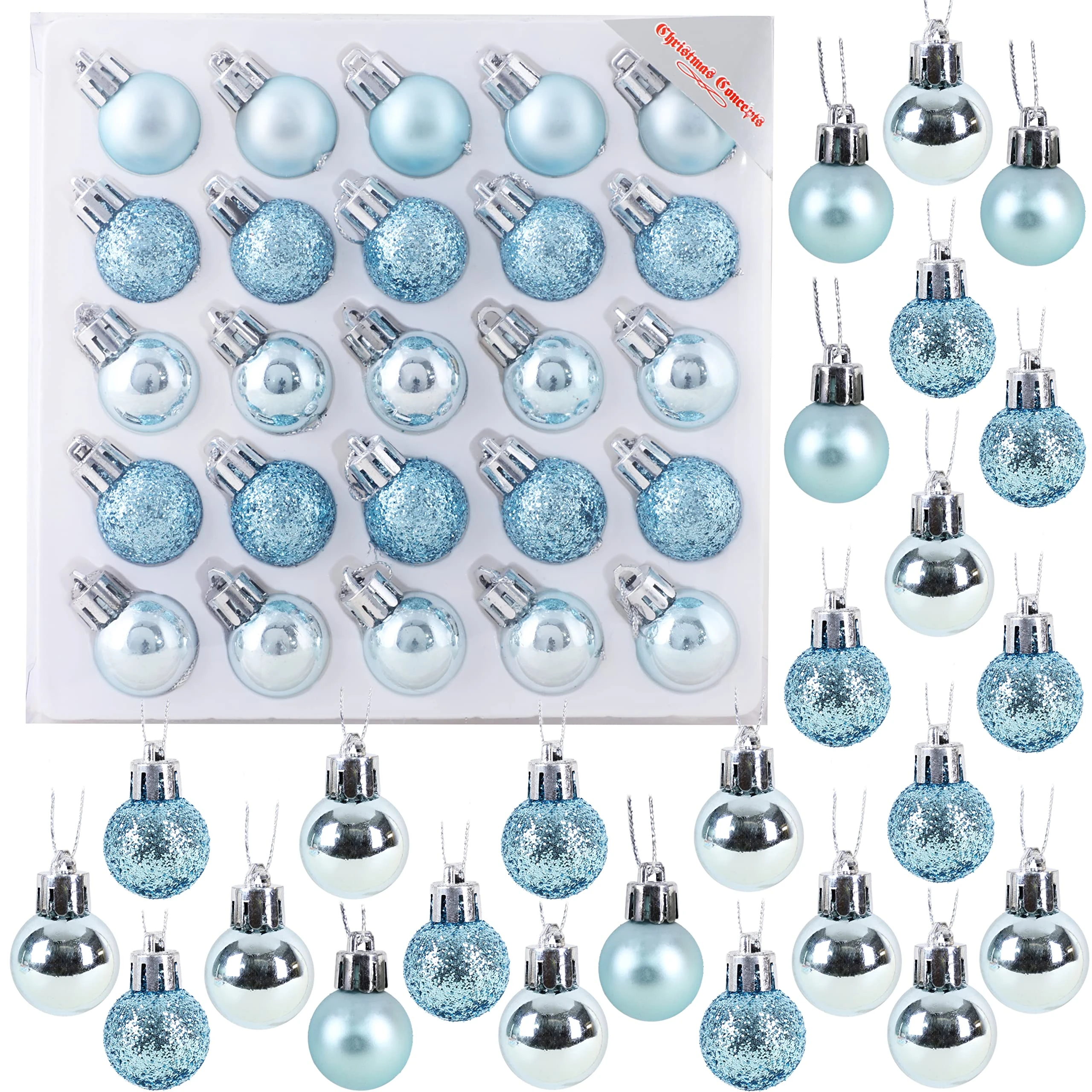 Christmas Concepts® Pack of 25-25mm, 2.5cm (1") Mini Christmas Tree Baubles - Shiny, Matte & Glitter Decorated Baubles (Ice Blue)