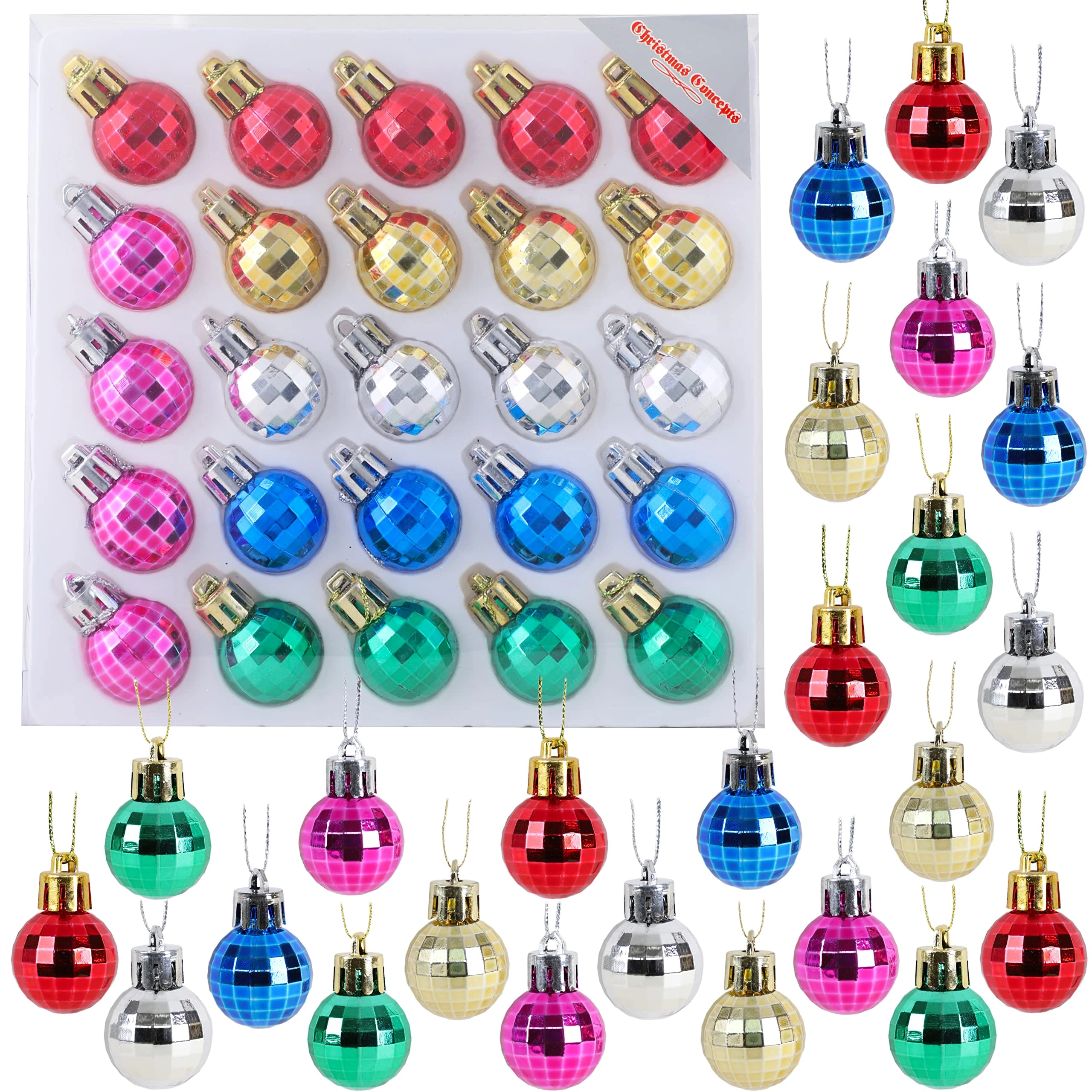 Christmas Concepts® Pack of 25-25mm, 2.5cm (1") Mini Christmas Tree Baubles - Shiny Disco Ball Baubles (Multi Coloured)
