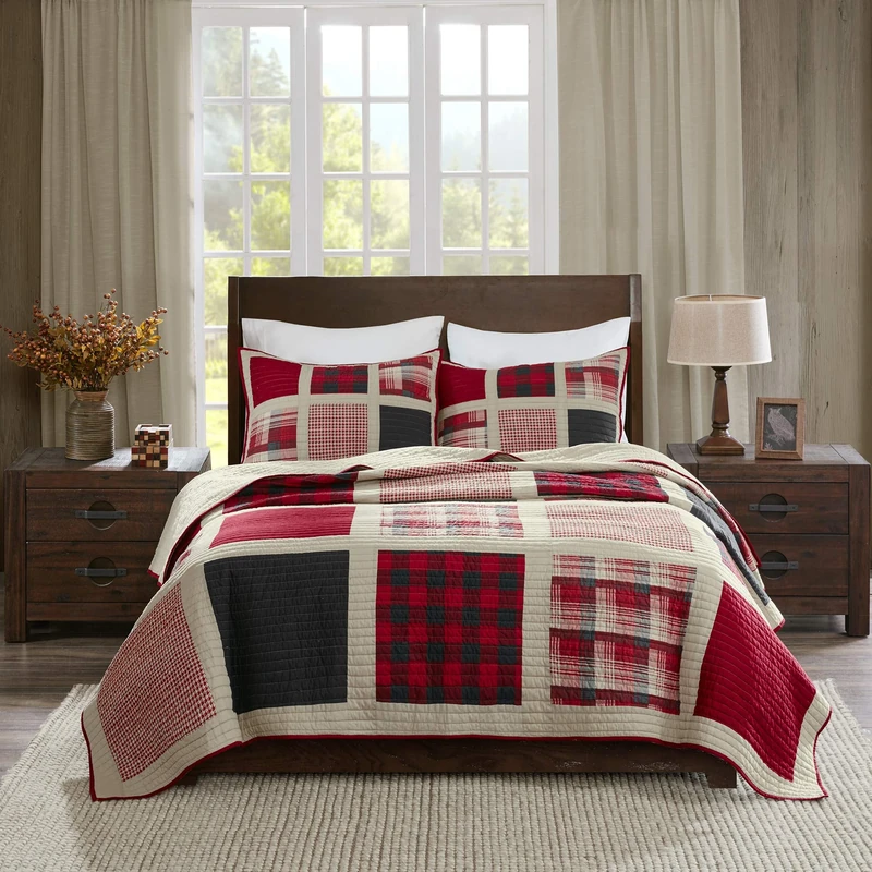 Woolrich Quilt Set-Cottage Styling Reversed to Solid Color, Cotton, Huntington Red, Oversized King/Cal King