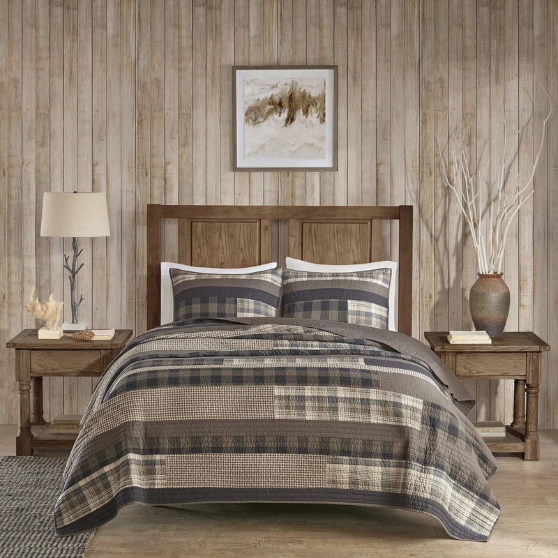 WOOLRICH Quilt Set-Cottage Styling Reversed to Solid Color, Cotton, Stripes Taupe, Oversized Full/Queen