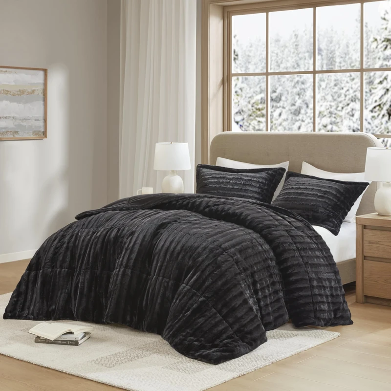 Madison Park Modern Down Alternative Filling Cozy Bedding, Box Quilted Warm Cover, Matching Shams, Polyester, Black, King