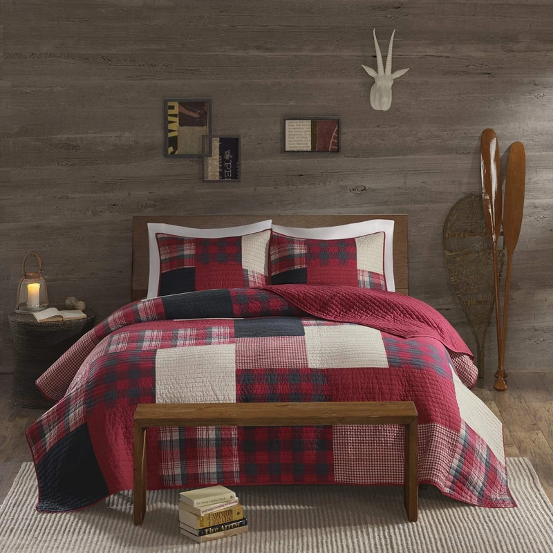 Woolrich Quilt Set-Cottage Styling Reversed to Solid Color, Cotton, Sunset Red, Oversized Full/Queen