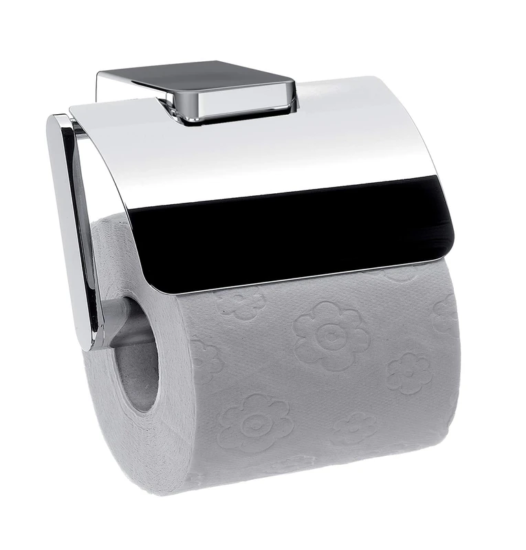 EMCO Trend Toilet Roll Holder with Lid and Handle, Elegant Wall Mounted Metal Toilet Roll Holder, Chrome