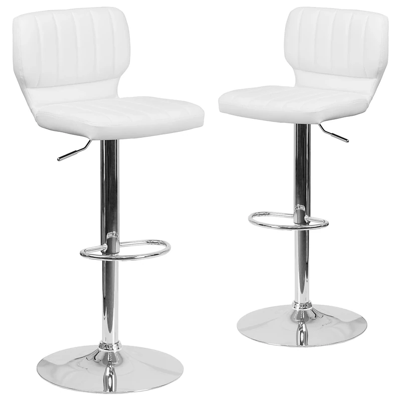 Flash Furniture Samantha 2 Pack Contemporary White Vinyl Adjustable Height Barstool with Vertical Stitch Back and Chrome Base