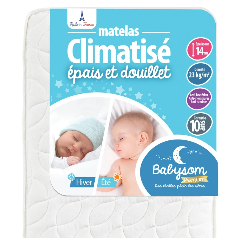 Babysom – Summer/Winter Air Conditioning Baby Mattress – 60 x 120 cm – Thickness 14 cm – Anti Dust Mite – Made in France – 10 Year Guarantee