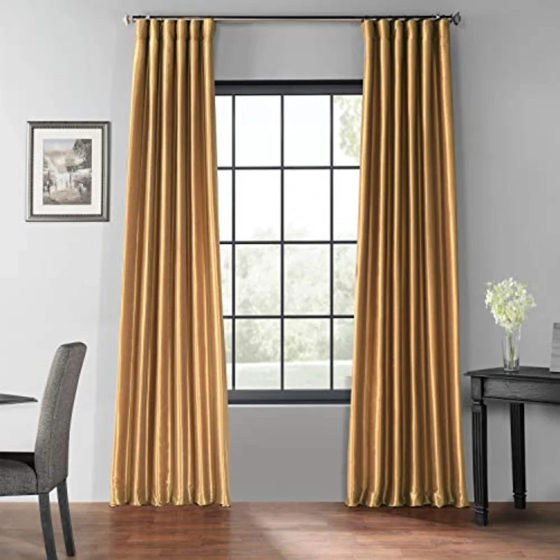 HPD Half Price Drapes Faux Silk Blackout Curtains 96 Inches Long for Bedroom & Living Room Vintage Textured Blackout Curtain (1 Panel), 50W x 96L, Flax Gold
