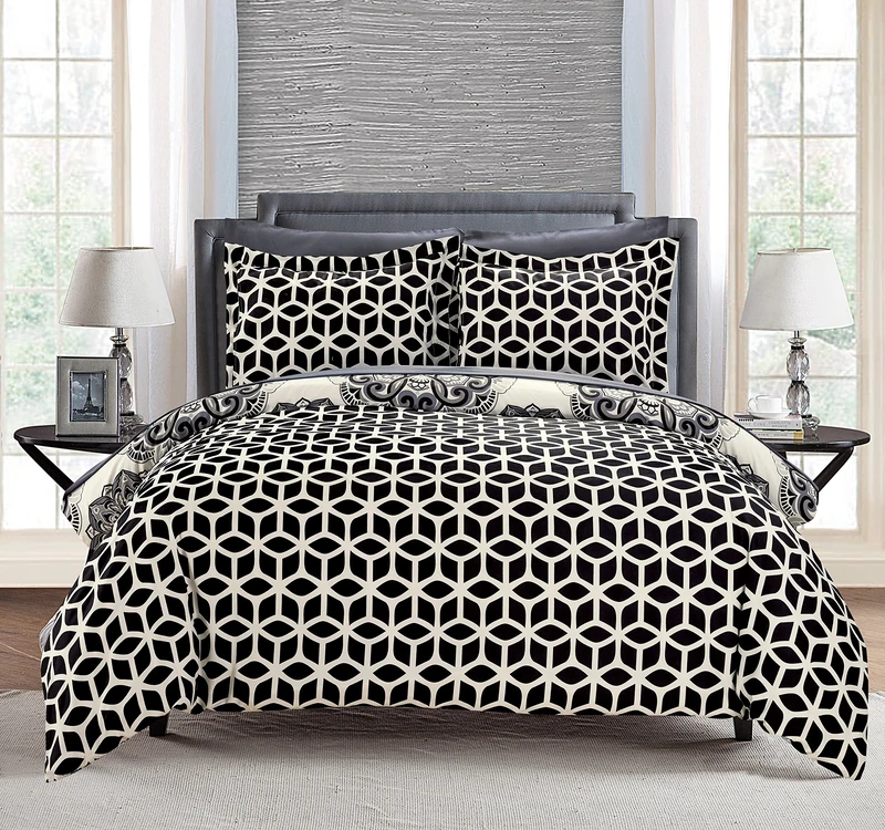 Chic Home Black Reversible Bed in a Bag Duvet Cover Set, Twin Size (2 Piece), Ibiza - Medallion Boho Pattern Microfiber Bedding with Geometric Printed Backing - Duvet & Pillow Sham