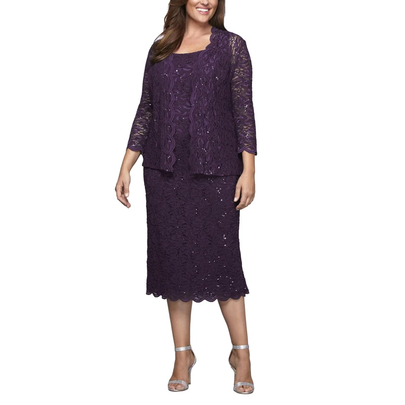Alex Evenings Women's Plus Size Tea Length Lace Dress and Jacket Special Occasion, Eggplant, 24