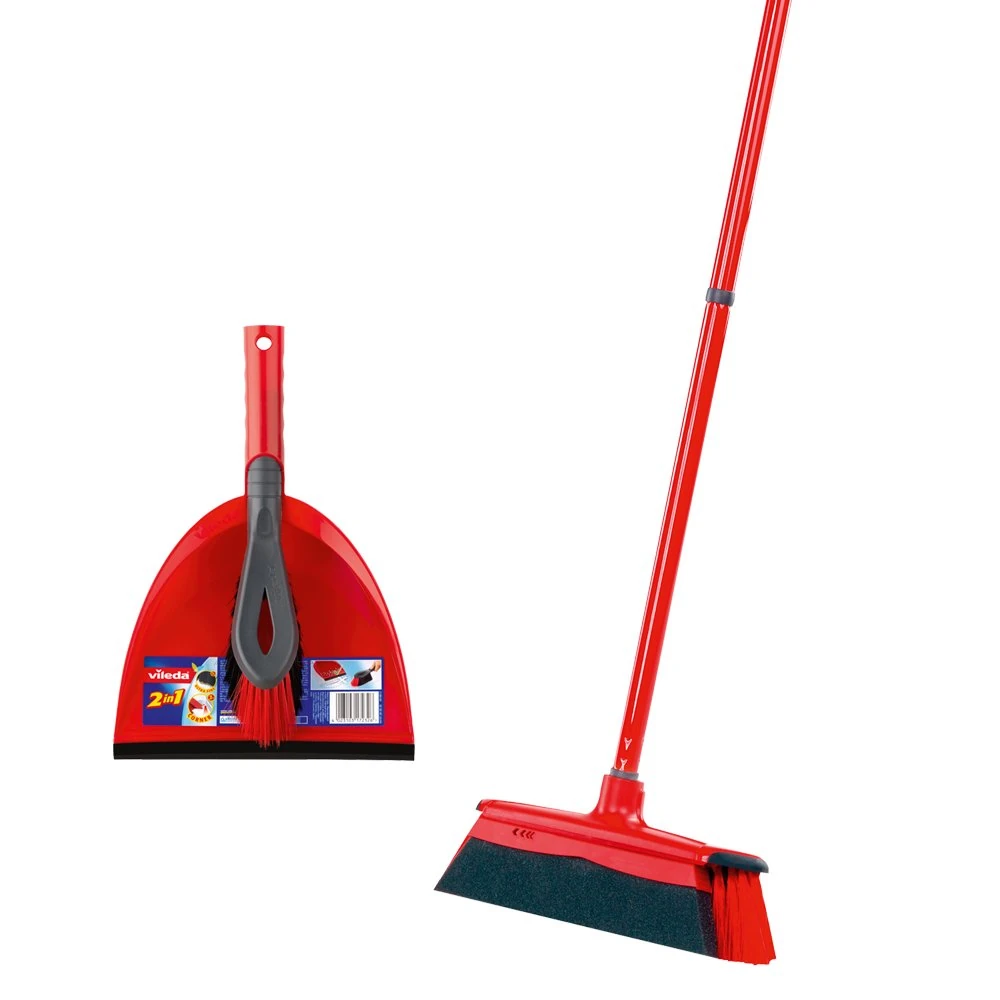 Vileda DuActiva Broom with 3-Piece Handle and 2-in-1 Sweeping Set, Does Not Swirl Dust, Hand Brush & Dustpan, Broom with Micro Foam, Eco Packaging, Medium, Red Black