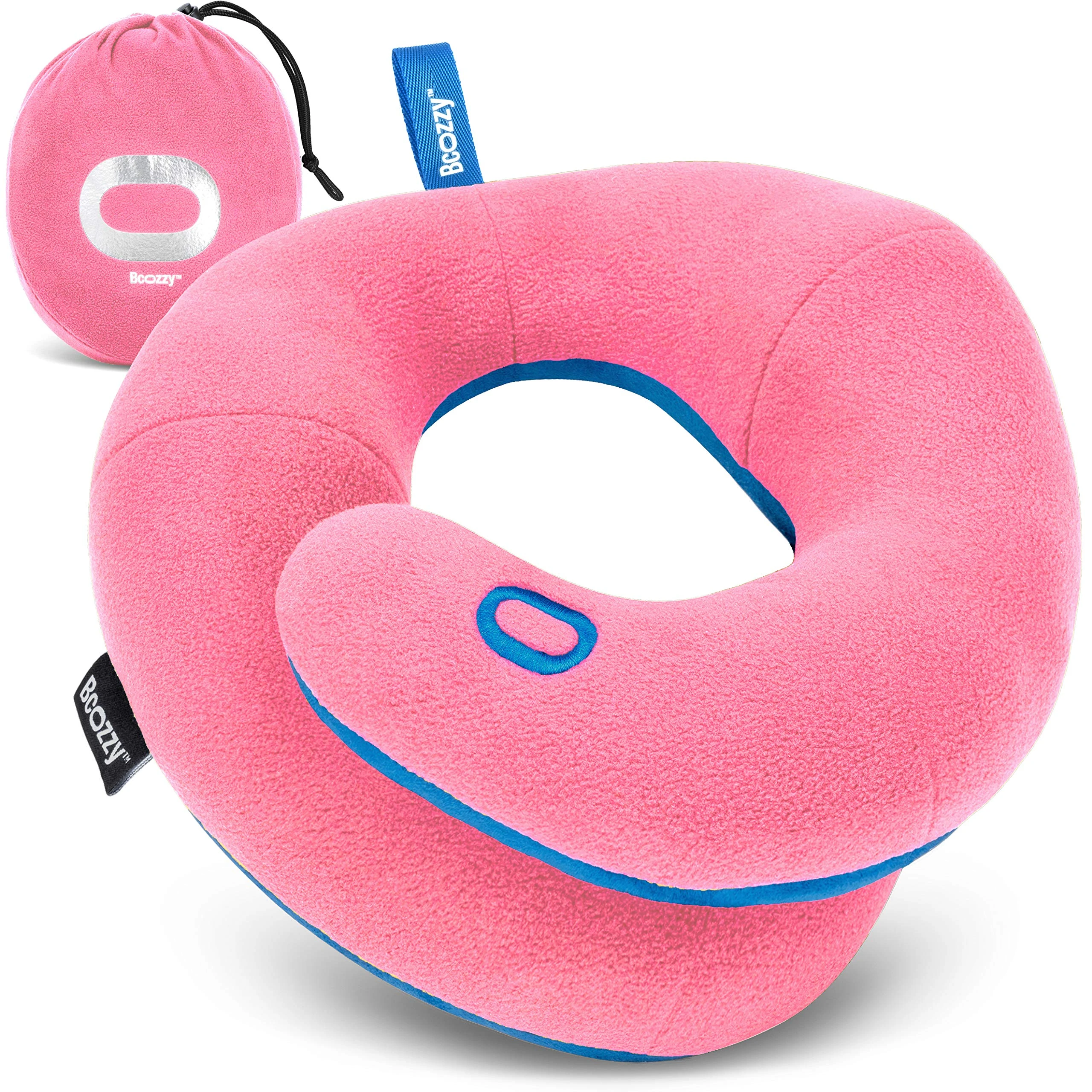 BCOZZY 3-7 Y/O Kids Travel Neck Pillow for Traveling in Car Seat & Airplane, Provides Double Support for Toddlers in Road Trips, for Boys & Girls, Washable, Carry Bag, Small Size, Pink