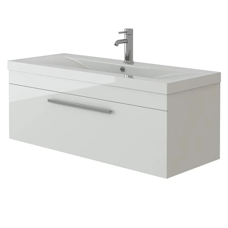 VeeBath Venus 1000 Wall Hung Vanity Unit, Mid Edge Wash Basin Bathroom Sink, Soft Close Door, Cloakroom Wall Mounted Storage Cabinet- White (Flat Pack)