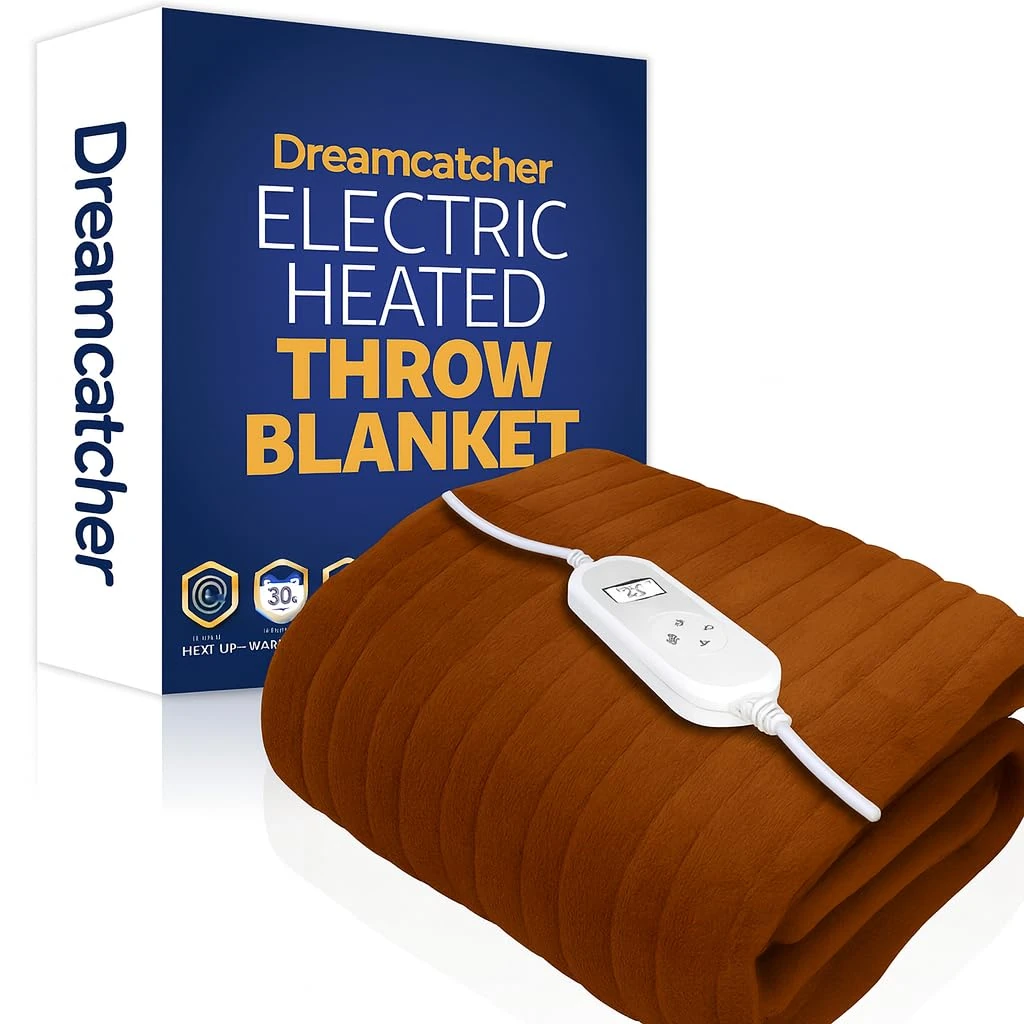 Dreamcatcher Brown Heated Throw Electric Blanket, 160 x 120cm Heated Blanket Machine Washable Soft Fleece Electric Throw Overblanket with 12HR Timer and 9X Control Heat Settings