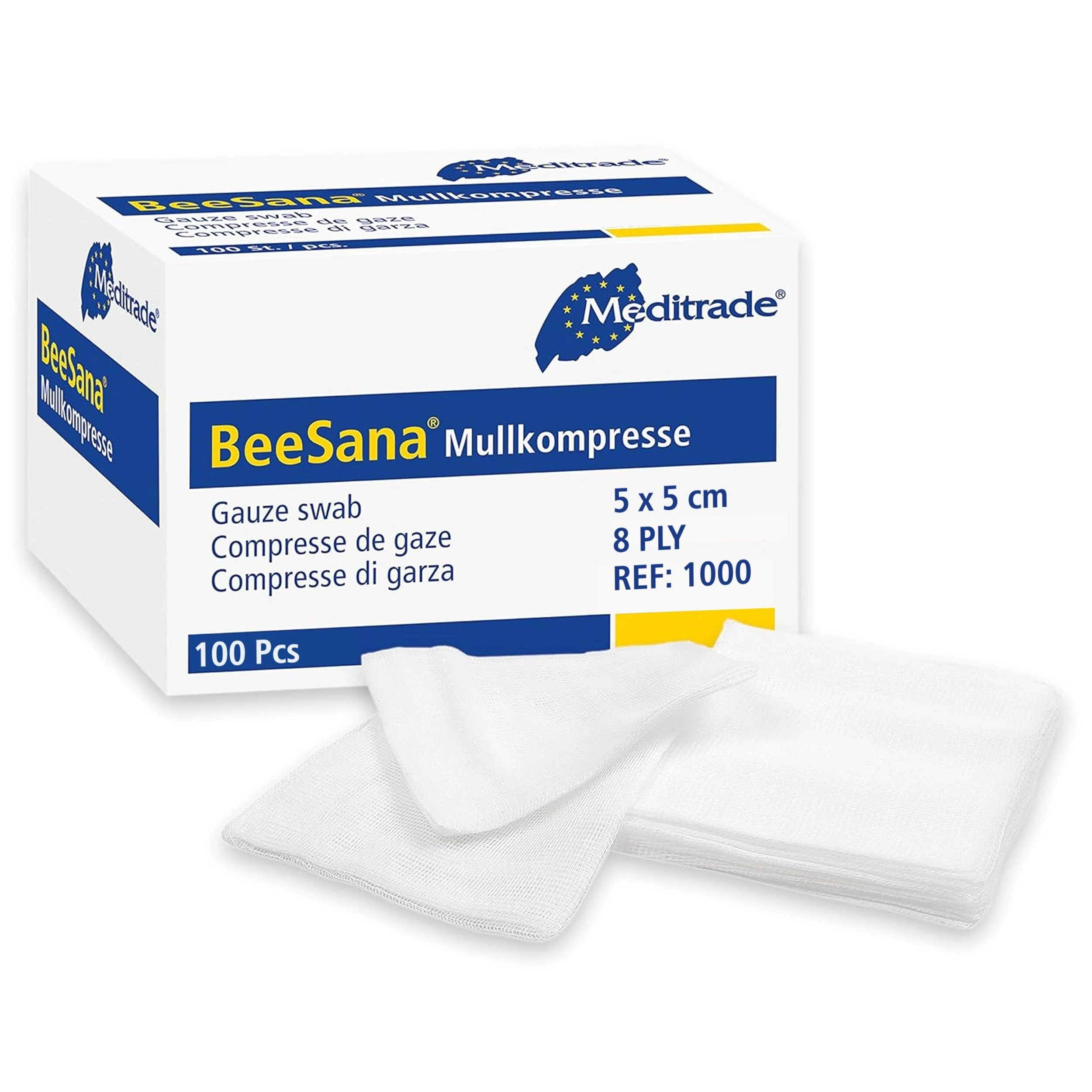 Gauze Swabs with Selvedge Cutting Edges, Non-Sterile Cotton, Pack of 100 (8ply) (5cmx5cm) - Meditrade,White,5 x 5cm