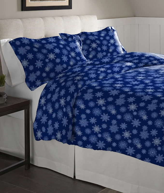 Pointehaven Flannel Oversized Duvet Set, Cotton, Snow Flakes Navy, King