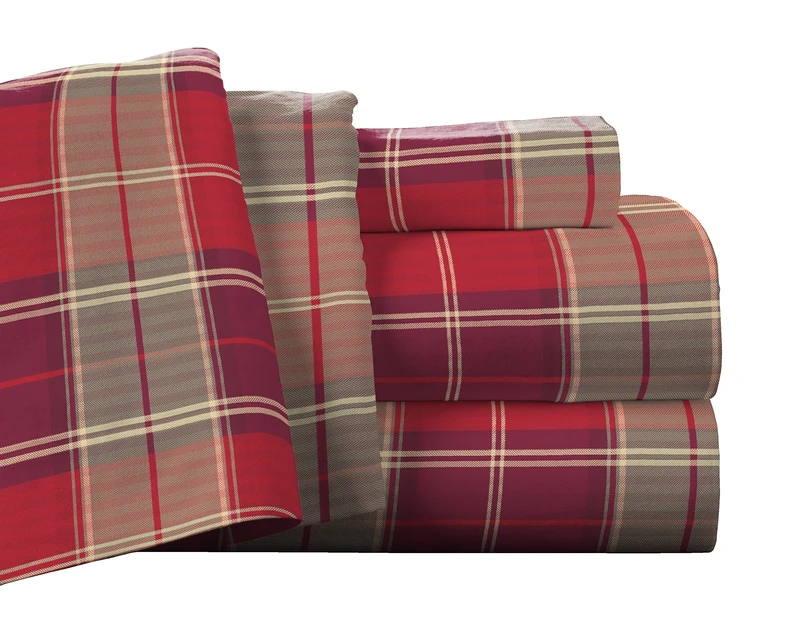 pointehaven Flannel Deep Pocket Set with Oversized Flat Sheet, King, Piedmont Plaid