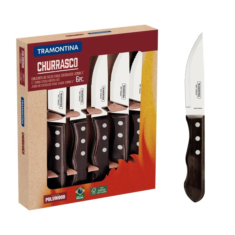 Tramontina 5” Jumbo Steak Knives, Sharp Knife with Wooden Handle, Camping, Kitchen, Rustic, Dishwasher Safe (6 Pcs Knife Set)