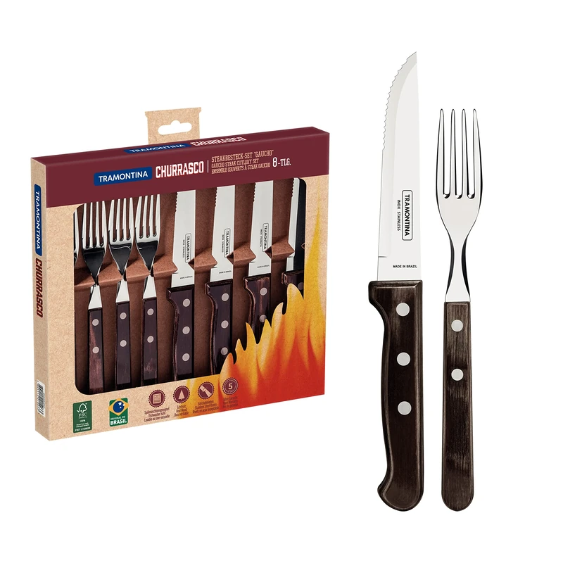 Tramontina Cutlery Set with Gaucho Steak Knives, 8 Piece Sharp Knife and Fork Set with Wooden Handles, Camping, Kitchen, Rustic, Dishwasher Safe, 29899297 - Image 1