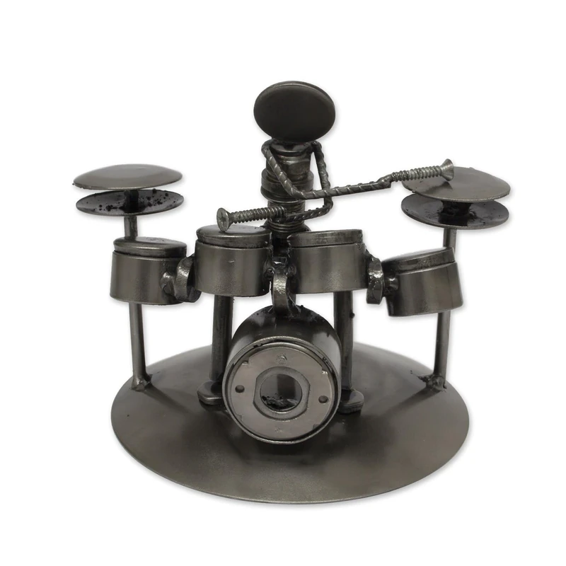NOVICA Rustic Upcycled Auto Parts Musician Statuette, Rustic Drummer'