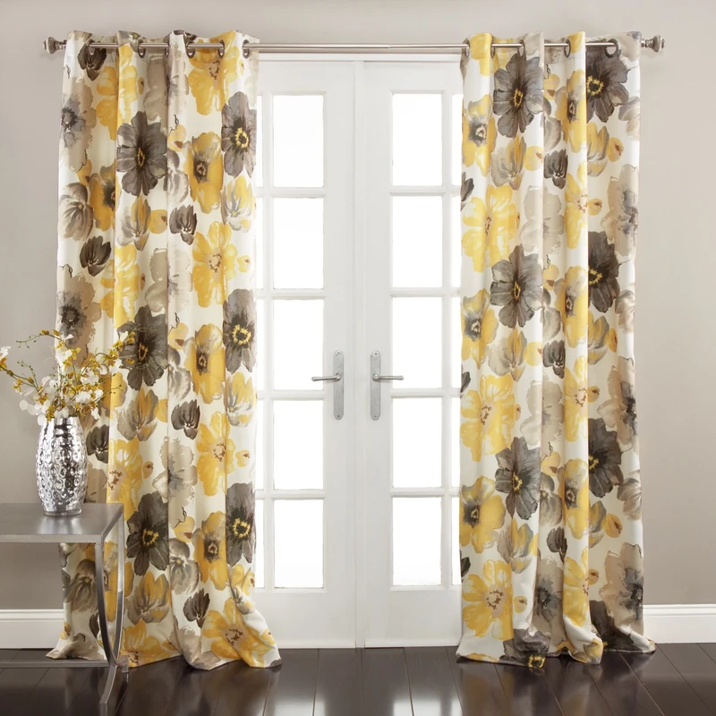 Lush Decor Leah Room Darkening Window Curtains Pair Floral Insulation Eyelet 52" W x 95" L, Yellow and Grey