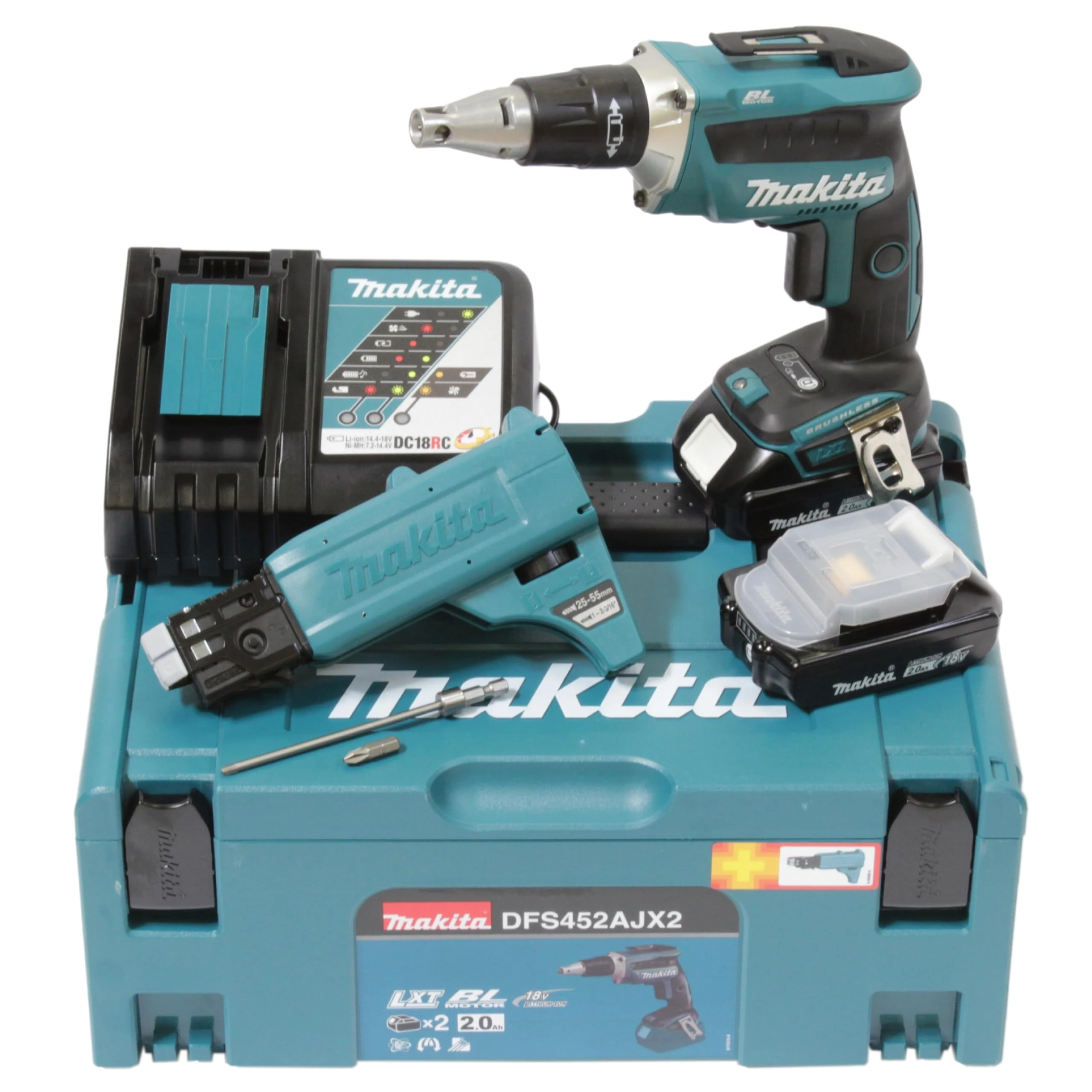 Makita 18 V / 2.0 Ah, 2 Batteries and Charger in MAKPAC Including 199146-8 Magazine Screws Attachment DFS452AJX2