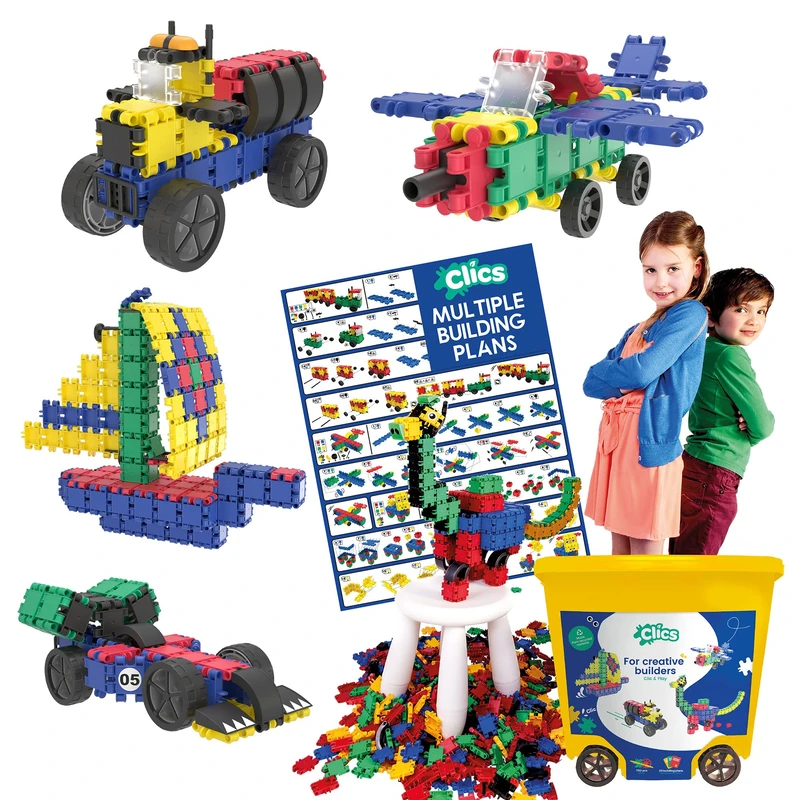 Clics construction toys, Rollerbox 25 in 1, 628 building blocks, 122 accessories and stickers, educational kids toys, STEM toys boys & girls from 3 years, DURABLE TOYS made from RECYCLED PLASTIC