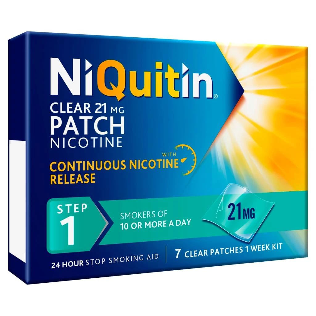 NiQuitin, Step 1, Stop Smoking Aid Therapy, 24 h Craving Control, Invisible Nicotine Patches, 21 mg Nicotine Patch, 7 Clear Patches for 1 Weeks Treatment