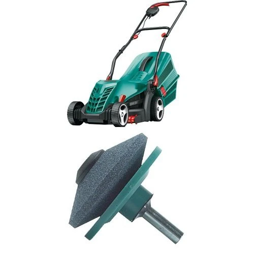 Bosch Rotak 34 R Corded Rotary Lawnmower (34 cm Cutting Width) with Rotary Tool Sharpener