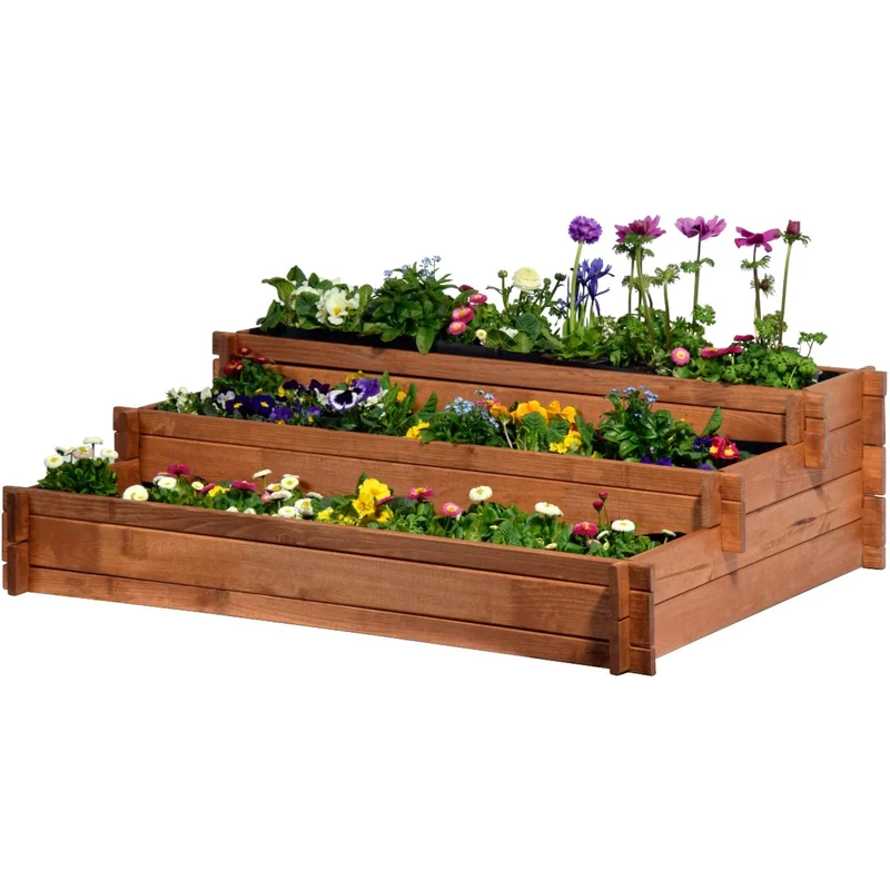 dobar Three Tier Raised Flower Bed Peru made of wood (Pine), Beet, Kit for Vegetables, Herbs, Flowers, Easily to move, Brown, 110 x 88 x 36 cm 58180FSC