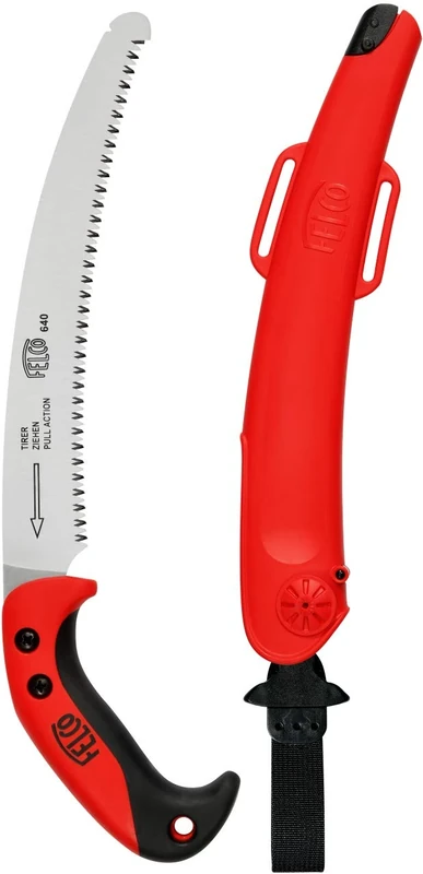 FELCO F640 Pull Stroke Pruning Saw Curved Blade 440mm Blade Length Locking Sheath Leg Strap Detachable Belt Loop 120mm Cut Size Comfortable Non Slip Handle