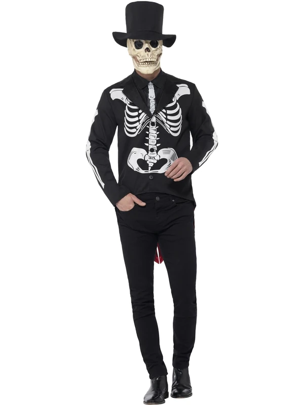 Smiffys Day of the Dead Señor Skeleton Costume, Black with Jacket, Mock Shirt, Tie, Hat & Latex Mask, Mexican Day of The Dead/Sugar Fancy Dress, Halloween Dress Up Costumes, World Book Day