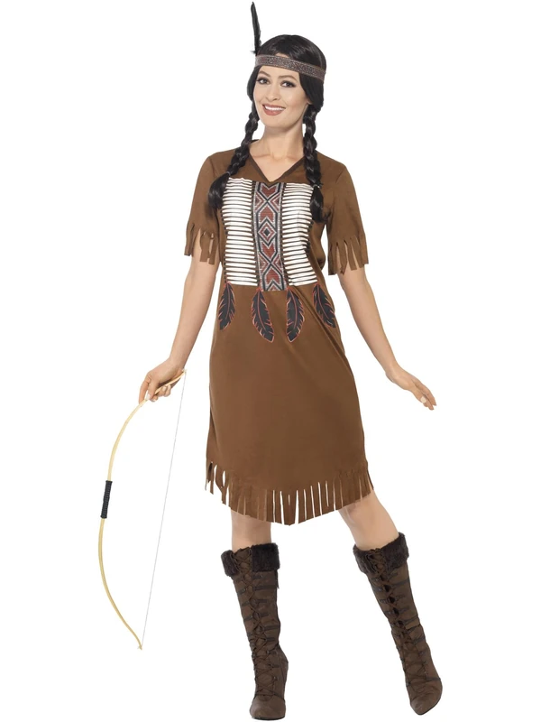 Smiffys Native American Inspired Warrior Princess Costume, with Dress & Headband, Cowboys and Indians Fancy Dress, Adult Dress Up Costumes - Image 1