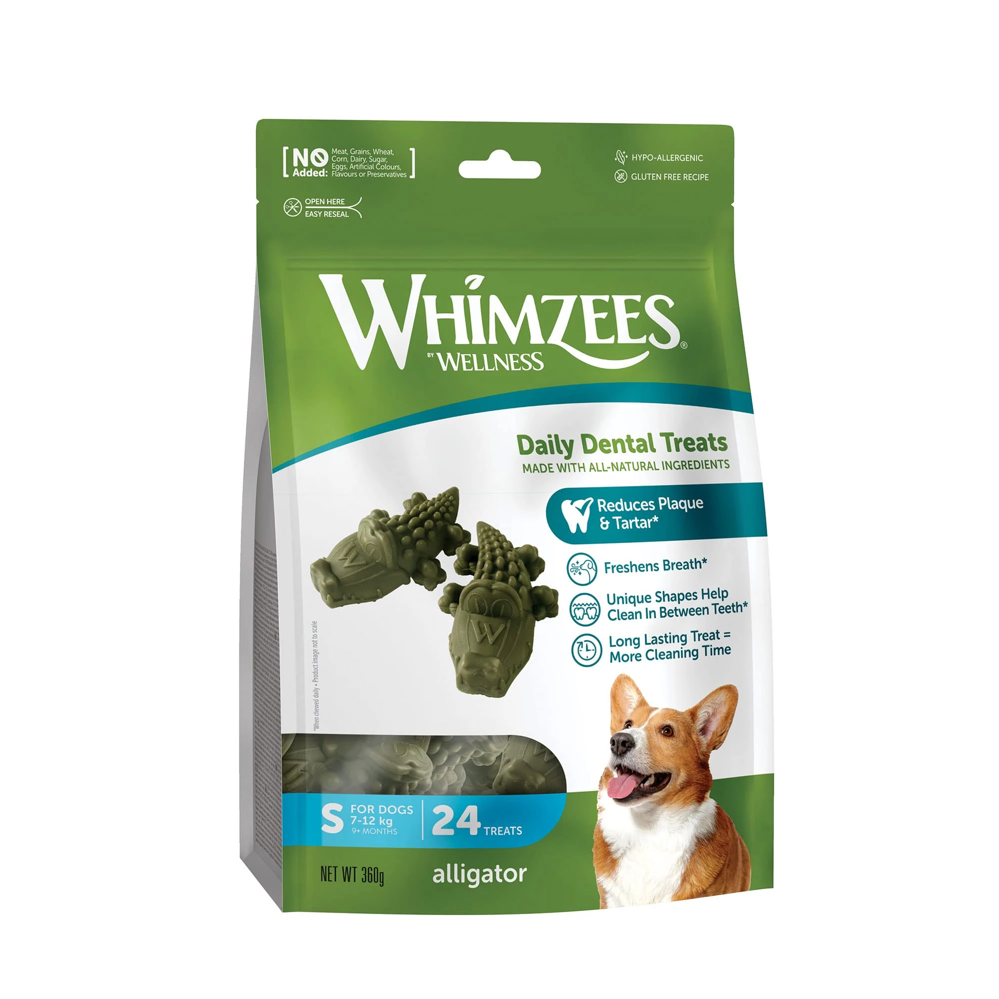 WHIMZEES By Wellness Alligator, Dog Dental Sticks, 24 Pieces, Size S, Dog Chews for Small Breeds, Natural, Grain-Free, Rawhide-Free, Vegetarian, No Added Sugar