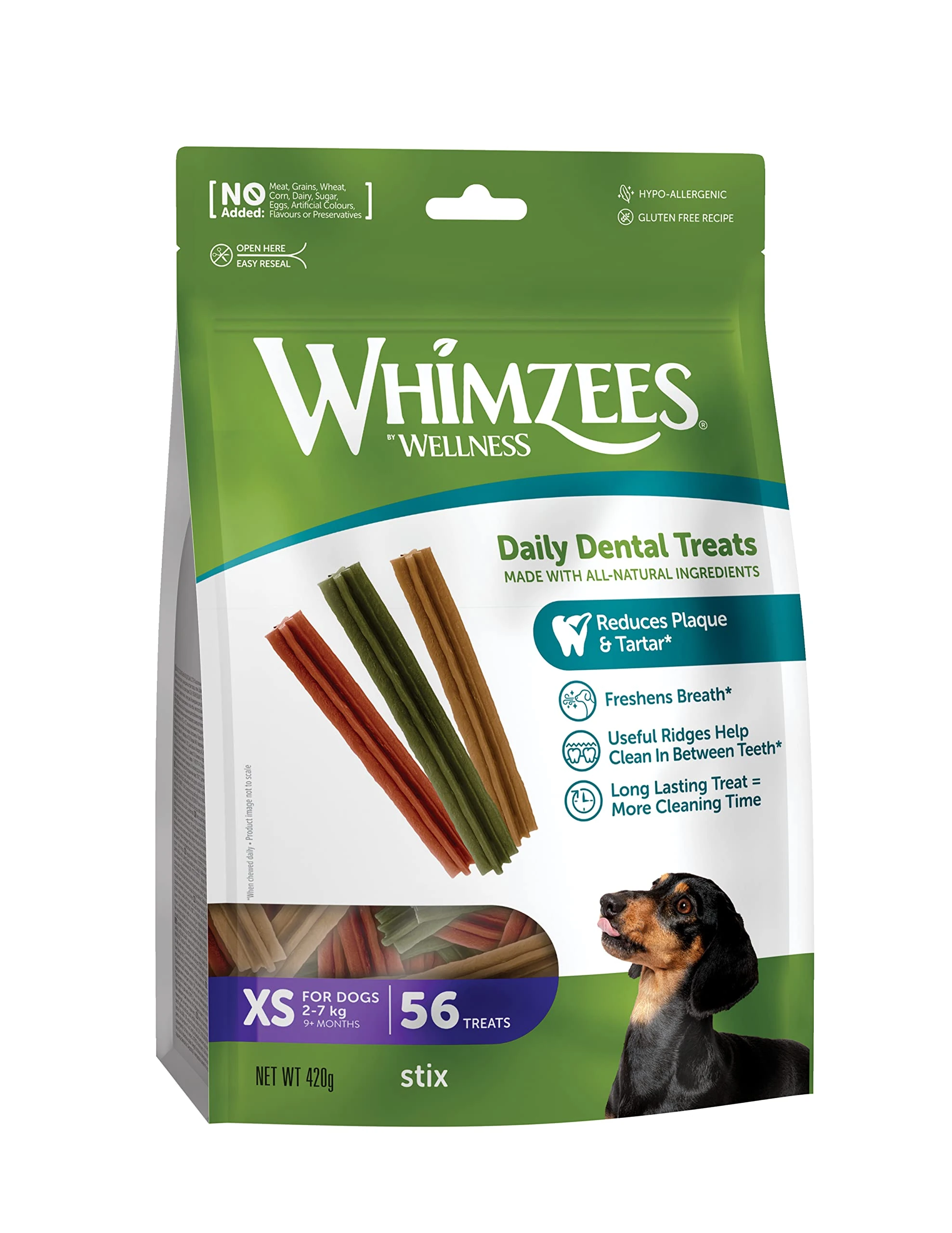WHIMZEES By Wellness Stix, Dog Dental Sticks, 56 Pieces, Size XS, Dog Chews for Very Small Breeds, Natural, Grain-Free, Rawhide-Free, Vegetarian, No Added Sugar