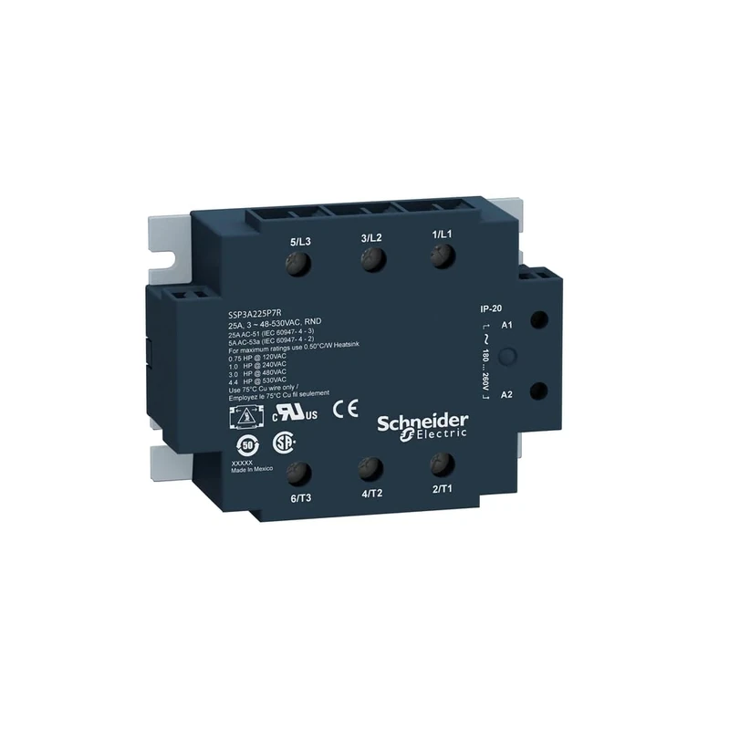 Schneider Electric, SSP3A225BDT, Zelio Solid state panel mount relay, 25 A, zero voltage switching, thermal pad, input 4-32 V DC, output 48-530 V AC
