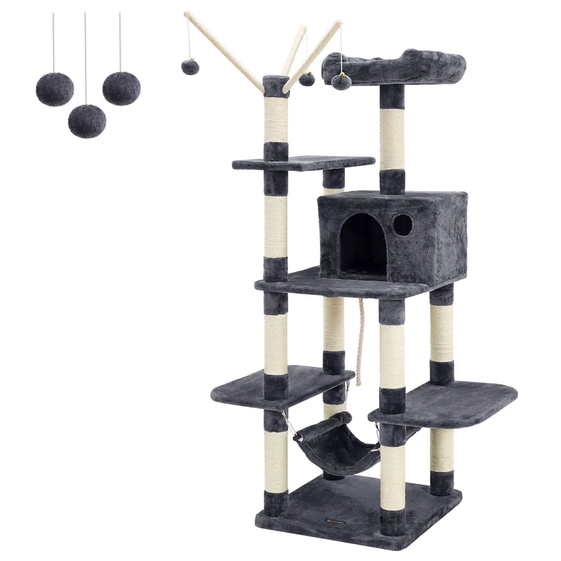 FEANDREA Cat Tree, Cat Condo with Hammock, Cat Tower, Smoky Grey PCT86G
