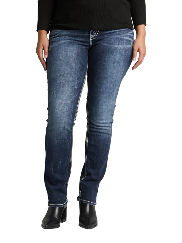Silver Jeans Co. Women's Plus Size Suki Mid Rise Curvy Fit Straight Leg Jeans, Vintage Dark Wash, 14
