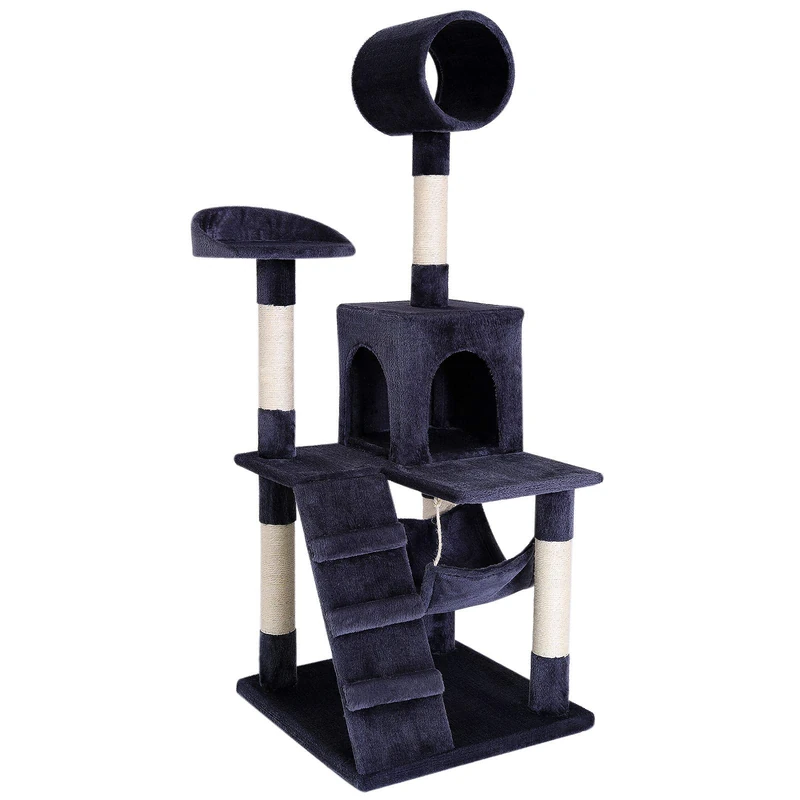 lionto Cat Tree with Hammock, Tunnel, Sisal, Height 133 cm, Dark Grey