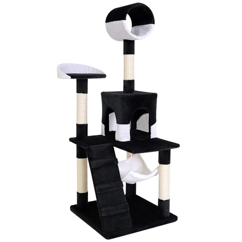 lionto Scratching tree for cats with hammock & tunnel, height 133 cm, cat tree with sisal rope & soft plush, cozy lying areas & caves, suitable for small & large cats, black/white