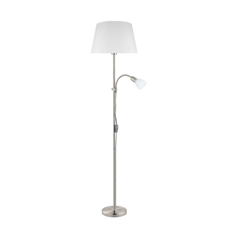 Eglo Floor Lamp Conesa, 2-Light Standing lamp, Metal Floor Light in Matte Nickel, White Fabric and Glass, Living Room lamp, uplighter with Reading Light, E27, E14