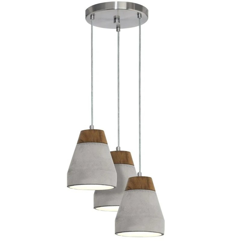EGLO Tarega Pendant Lamp, 3 Bulbs Concrete Pendant Light, Material: Steel, Wood, Concrete, Colour: Grey, Brown, Socket: E27, Ø: 250 mm
