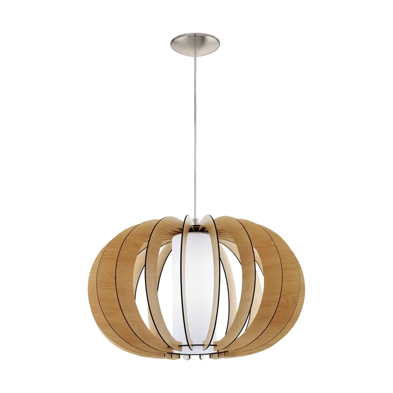 Eglo Pendant Light Stellato 1, 1-Light Hanging lamp Vintage, Pendant lamp in Steel, Wood and Glass in Matte Nickel, Maple, White, Dining or Living Room lamp with E27 Socket, Ø 50 cm