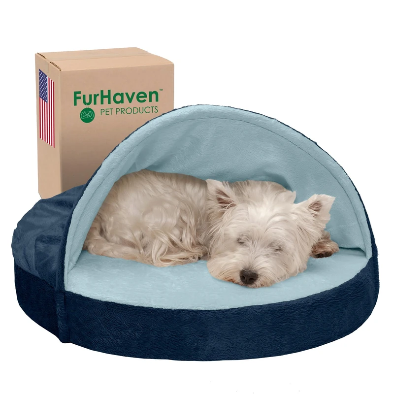 FurHaven 26" Round Orthopedic Dog Bed for Medium/Small Dogs w/Removable Washable Cover, For Dogs Up to 30 lbs - Microvelvet Snuggery - Navy (Blue), 26-inch