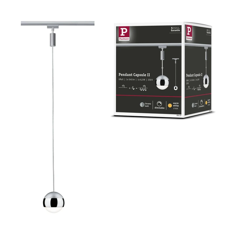 Paulmann 95457 Capsule II URail LED Pendant 439lm 6.3W 2700K dimmable 230V Chrome matt, Chrome Rail System