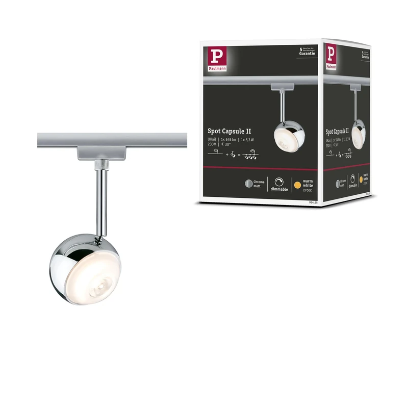 Paulmann 95455 Capsule II URail LED Individual spot 439lm 6.3W 2700K dimmable 230V Chrome matt, Chrome Rail System