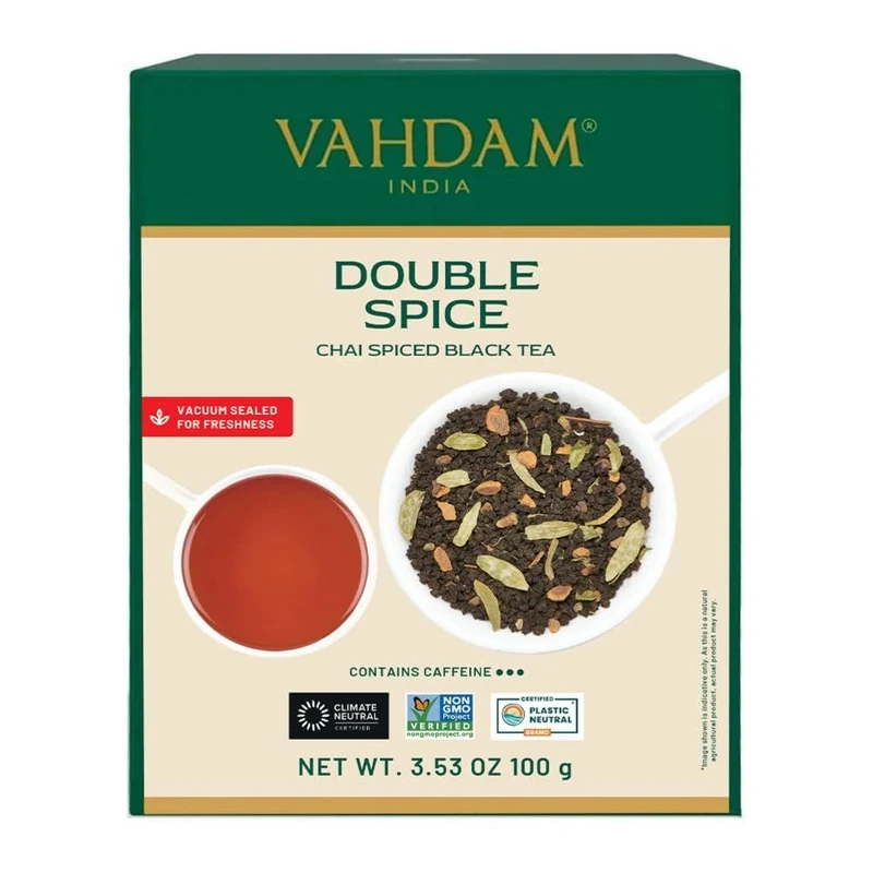 VAHDAM, Double Spice Masala Chai Tea (50 Cups, 100g) Strong, Robust & Spicy - Pure Ingredients -Blend of Black Tea, Cardamom, Cinnamon, Cloves & Black Pepper - Brew Chai Latte