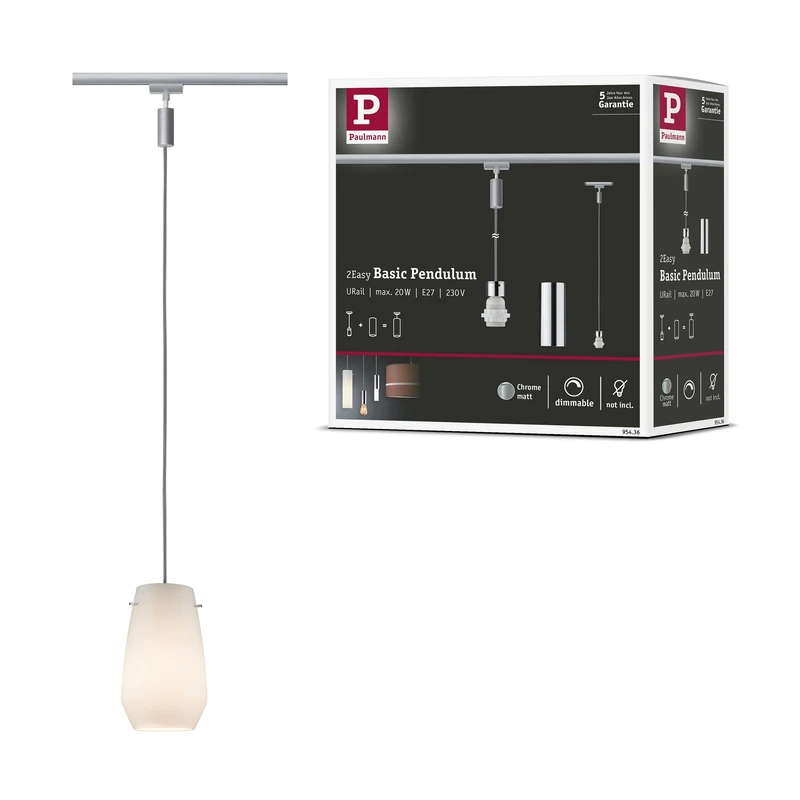 Paulmann 95436 2Easy URail Pendant E27 max. 20W dimmable 230V Chrome matt, Chrome Rail System – Choose Any lamp
