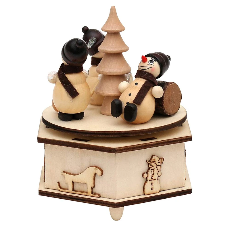 Dekohelden24 Beautiful Musical Box, Melody: White Christmas, 11 x 11 x 13 cm, wood, Sitting Snowmen with Ski, 13 cm